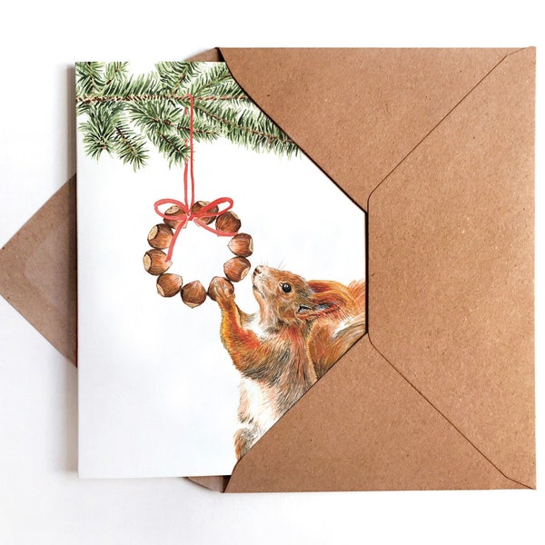 3x Weihnachtskarte Eichhörnchen 2023 Grußkarte Weihnachten Zeichnung Natur Illustration