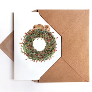 Haselmäuse auf dem Adventskranz Weihnachtskarte Grußkarte Weihnachten Zeichnung Natur Illustration