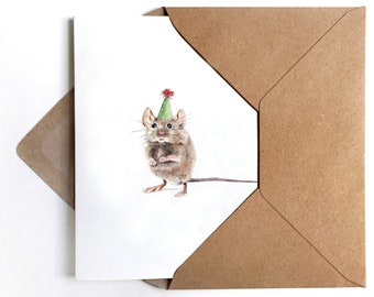 3x Souris de carte de voeux avec le chapeau de partie Félicitations carte d'anniversaire Souris dessin de carte d'illustration Partyanimals Card Set