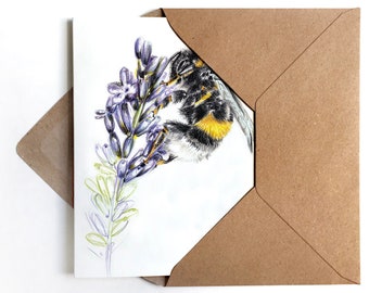 3x Greeting Card Bumblebee in Lavender Congratulations Card Flowers Birthday Card