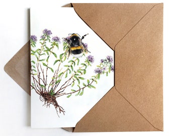 3x Greeting Card Bumblebee in Thyme Congratulations Card Flowers Birthday Card