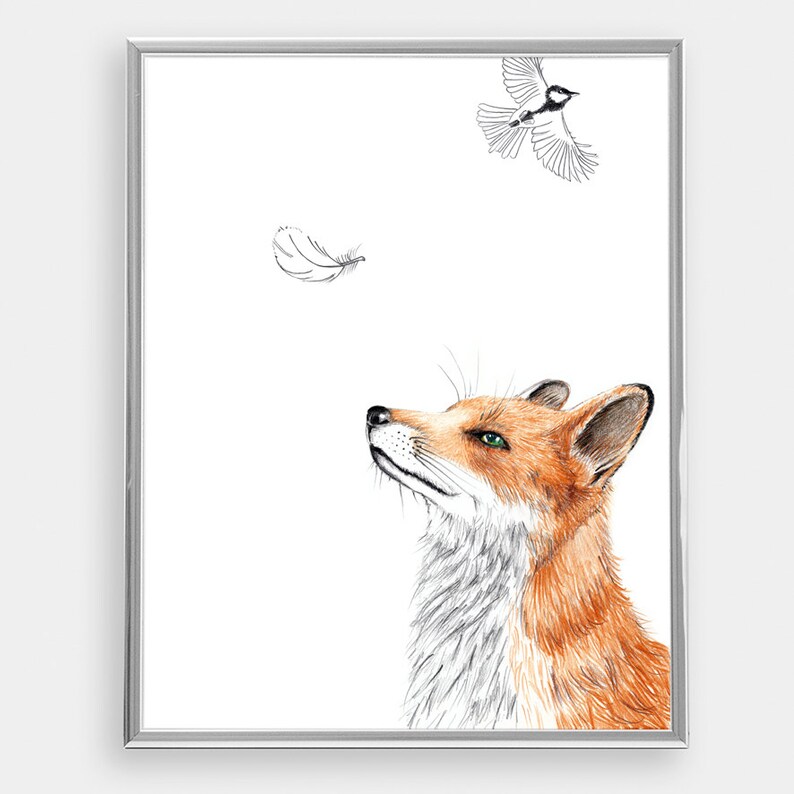 Ilustracion Zorro Con Pluma Dibujo Arte Impresion Cartel Pared Etsy
