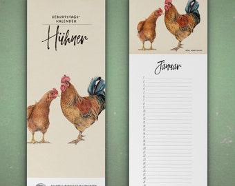 Birthday calendar chickens, wall calendar, art calendar, calendar with chicken species, drawings, NEW