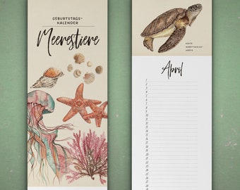 Birthday Calendar Sea Animals, Wall Calendar, Art Calendar, Calendar with Sea Animals, Drawings