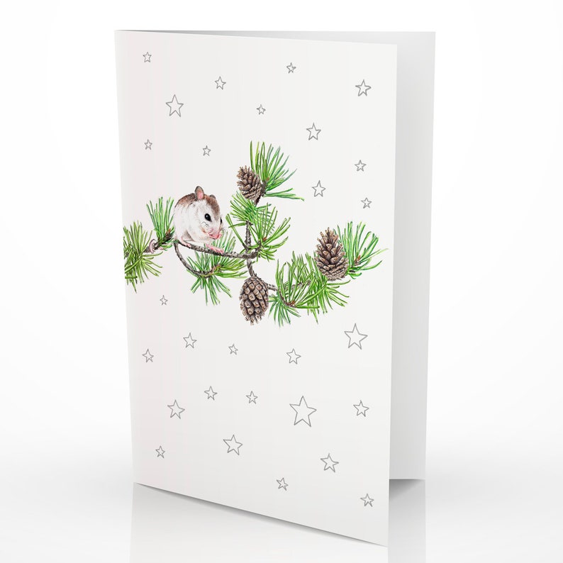 3x Weihnachtskarte Maus Grußkarte Weihnachten Zeichnung Natur Illustration Kiefernzweig Tannengrün Weihnachtsdeko Kartenset Bild 2