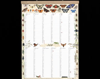 Planificateur annuel, calendrier mural, aperçu annuel, calendrier 2024, calendrier des insectes, planificateur annuel avec insectes et papillons, calendrier à affiches