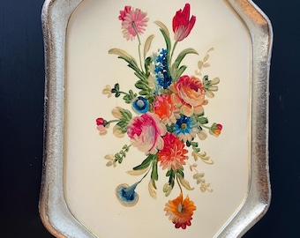 Vintage florentinsk Tole-bricka: Blommönster, tillverkad i Italien (11x8)