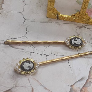 Cameo bobby pins, Cameo Hair Pins, Bobby Sets of 2, Gift under 20, Antique Bobby PIns, Black and White Bobby PIns, Victorian Hair Pins