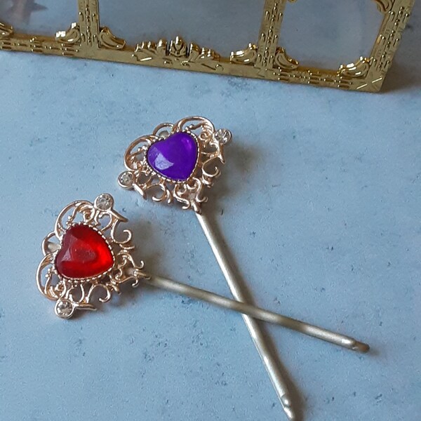 Purple and Red Hearts Bobby Pins set of 2 Hearts Rhinestones Bobby Pins Gift Under 20 Formal Event Hair Accessories