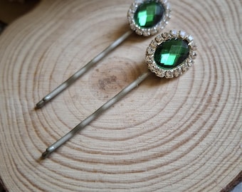 Green Rhinestones bobby pins set of 2, Green Hair Accessories, Green Gemstones Hair PIns,  Formal Event Hair Accesory