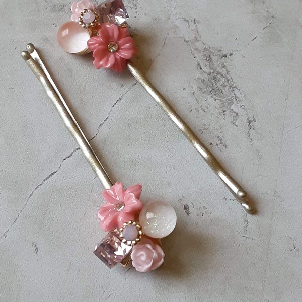 Pink flower and litmus beads bobby pins set of 2 Floral Hair Pins Flowers for Hair Decor Gift under 20