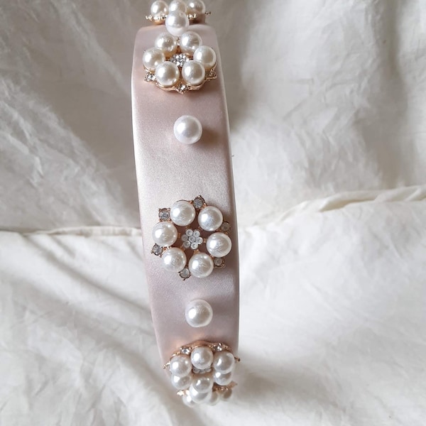 Satin Ivory Headband with pearls embellishments Wide Headband for Her Decor Headband for Graduation, Prom or Gift under 20