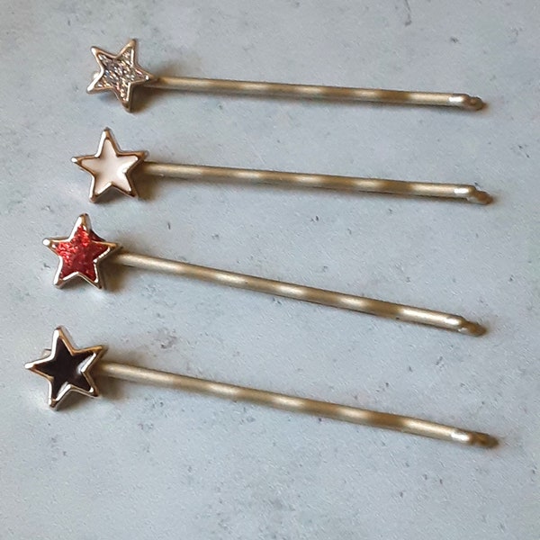 Stars bobby pins set of 4, black, white and red bobby pins set Ready to gift under 20