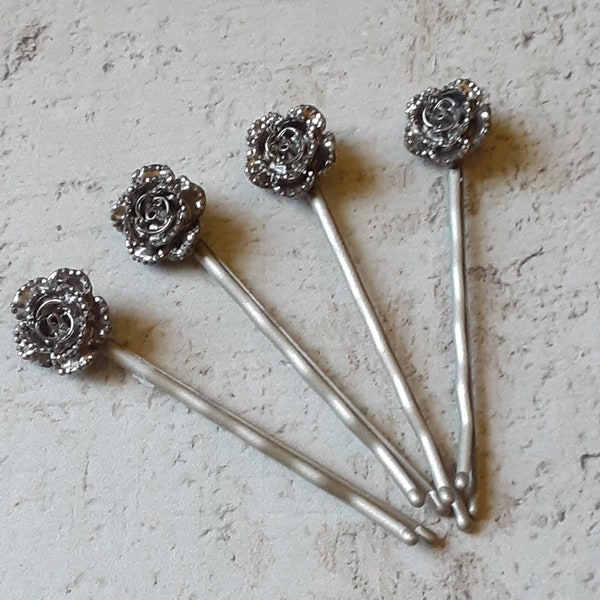 Onyx Silver Flowers Bobby Pins Set of 4 Bobby pins for gift, Metallic Flowers Bobby Pins Gift under 20