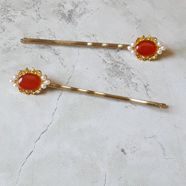 Orange Gemstone and Pearls Bobby PIns Set of 2  Orange Bobby Pins Victorian Style Hair Pins Gift under 20