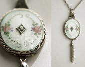 Sterling Mint Green Enamel Locket Necklace, antique guilloche locket, sterling locket tassel, antique wedding locket, 1920s sterling locket