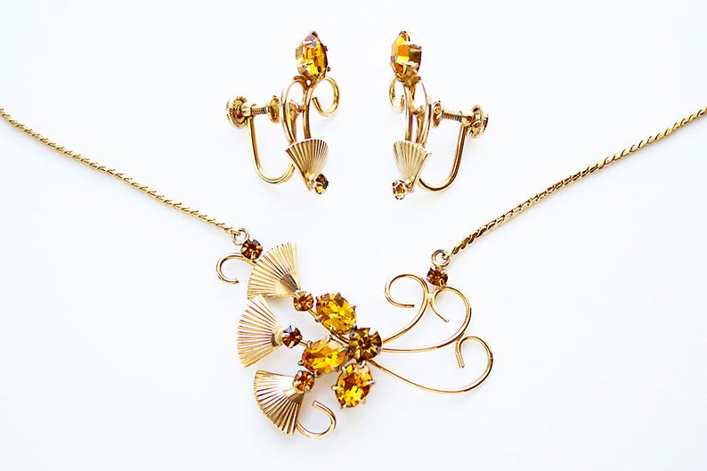 citrine glass rhinestone demi parure Vintage Necklace and Earring Set retro gold-filled rhinestone necklace retro necklace set 1940s set