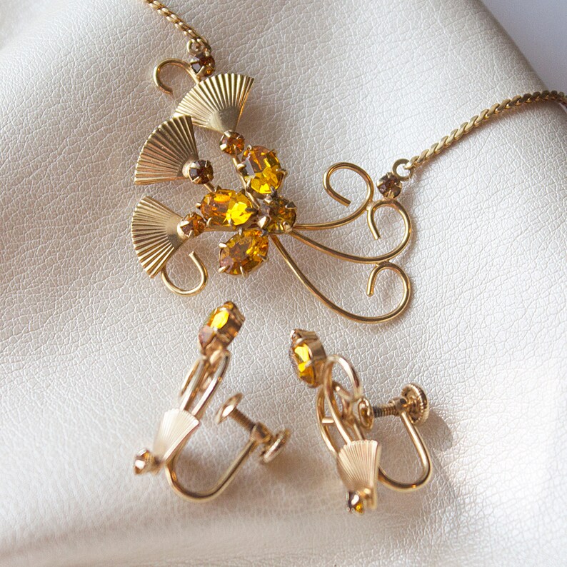 citrine glass rhinestone demi parure Vintage Necklace and Earring Set retro gold-filled rhinestone necklace retro necklace set 1940s set