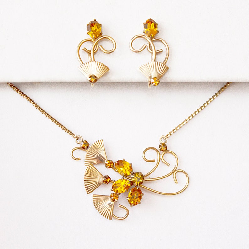 citrine glass rhinestone demi parure Vintage Necklace and Earring Set retro gold-filled rhinestone necklace retro necklace set 1940s set
