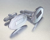 Monogrammable Silver Oval Cufflinks, Art Deco style cufflinks, striped oval cufflinks, vintage Shields silvertone cufflinks