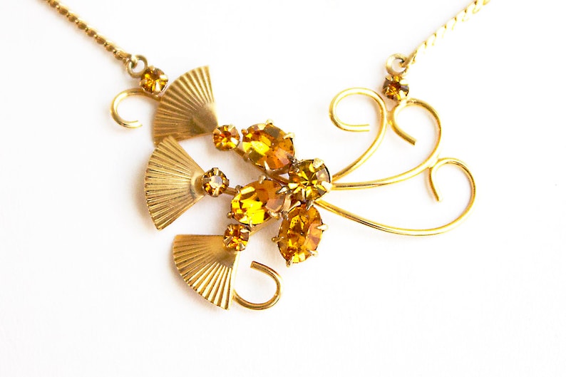 citrine glass rhinestone demi parure Vintage Necklace and Earring Set retro gold-filled rhinestone necklace retro necklace set 1940s set