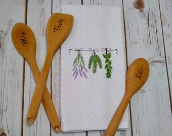 Hostess Gift - Herb Towel - Wood Burned Spoons - Housewarming Gift Set - Wedding kitchen Gift - Mix Taste Stir Gift Set - Lavender Towel