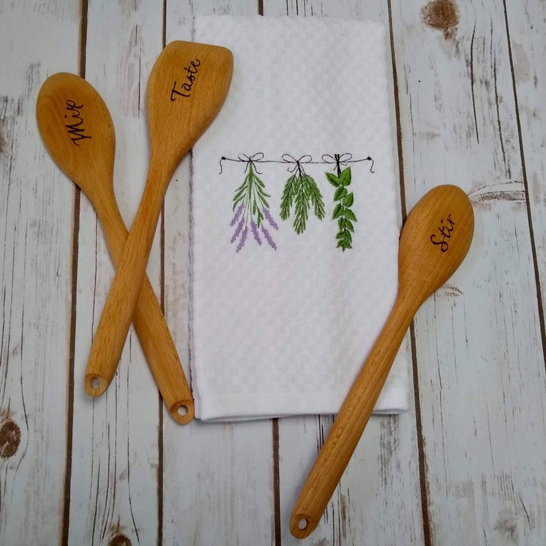 Hostess Gift Herb Towel Wood Burned Spoons Housewarming Gift Set Wedding kitchen Gift Mix Taste Stir Gift Set Lavender Towel image 1