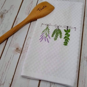 Hostess Gift Herb Towel Wood Burned Spoons Housewarming Gift Set Wedding kitchen Gift Mix Taste Stir Gift Set Lavender Towel image 3