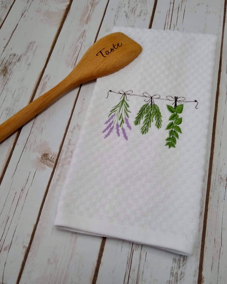 Hostess Gift Herb Towel Wood Burned Spoons Housewarming Gift Set Wedding kitchen Gift Mix Taste Stir Gift Set Lavender Towel image 3