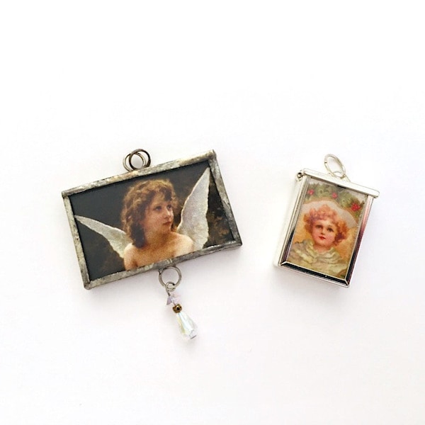 Framed angel pendants, two-sided, soldered glass frame, crystal dangle and miniature frame opens, angle print, Christmas, religious jewelry