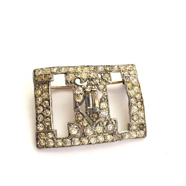 Vintage art deco Coro silver tone and clear rhinestones brooch, pin, rectangle, costume jewelry