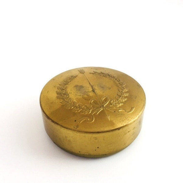 Brass typewriter ribbon tin, laurel wreath arrow embossed design, vintage office supplies