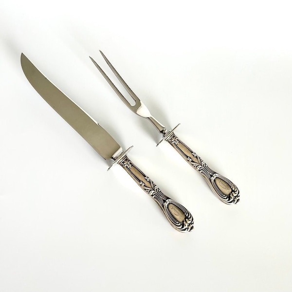 FB Whiting Sterling Carving set, monogram, knife and fork with stainless blade, Victoria pattern, also known as Florence, designed in 1905