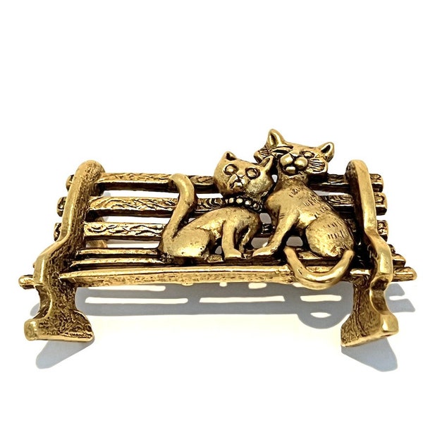 Matte gold pewter cats on Bench Brooch, signed AJC, two cat friends sitting on park bench, cat lover jewelry, fun, whimsical cats