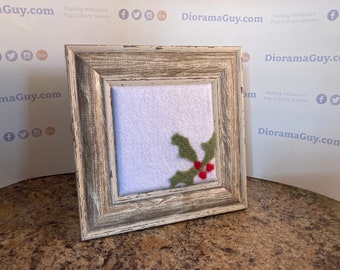 4x4 Framed Enamel Pin Display / Hand Felted Christmas Holly Backer / Weathered Frame