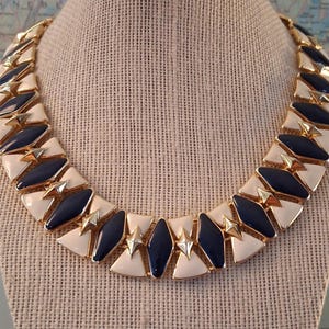 Vintage Chunky Gold Navy Butter Cream Enamel Monet Signed Chunky Egyptian Bib 1980s Art Deco Revival Link Necklace Statement Estate Jewelry