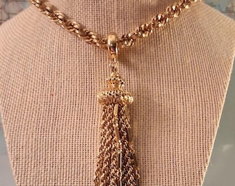 Vintage Rare Signed Monet Damita Tassel Lariat Chain Necklace Gold Tone Braided Rope Long 1960s Estate Jewelry