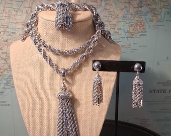 Monet Damita Tassel Lariat Necklace, Earrings, Bracelet Set Silver Tone Braided Rope Estate Jewelry