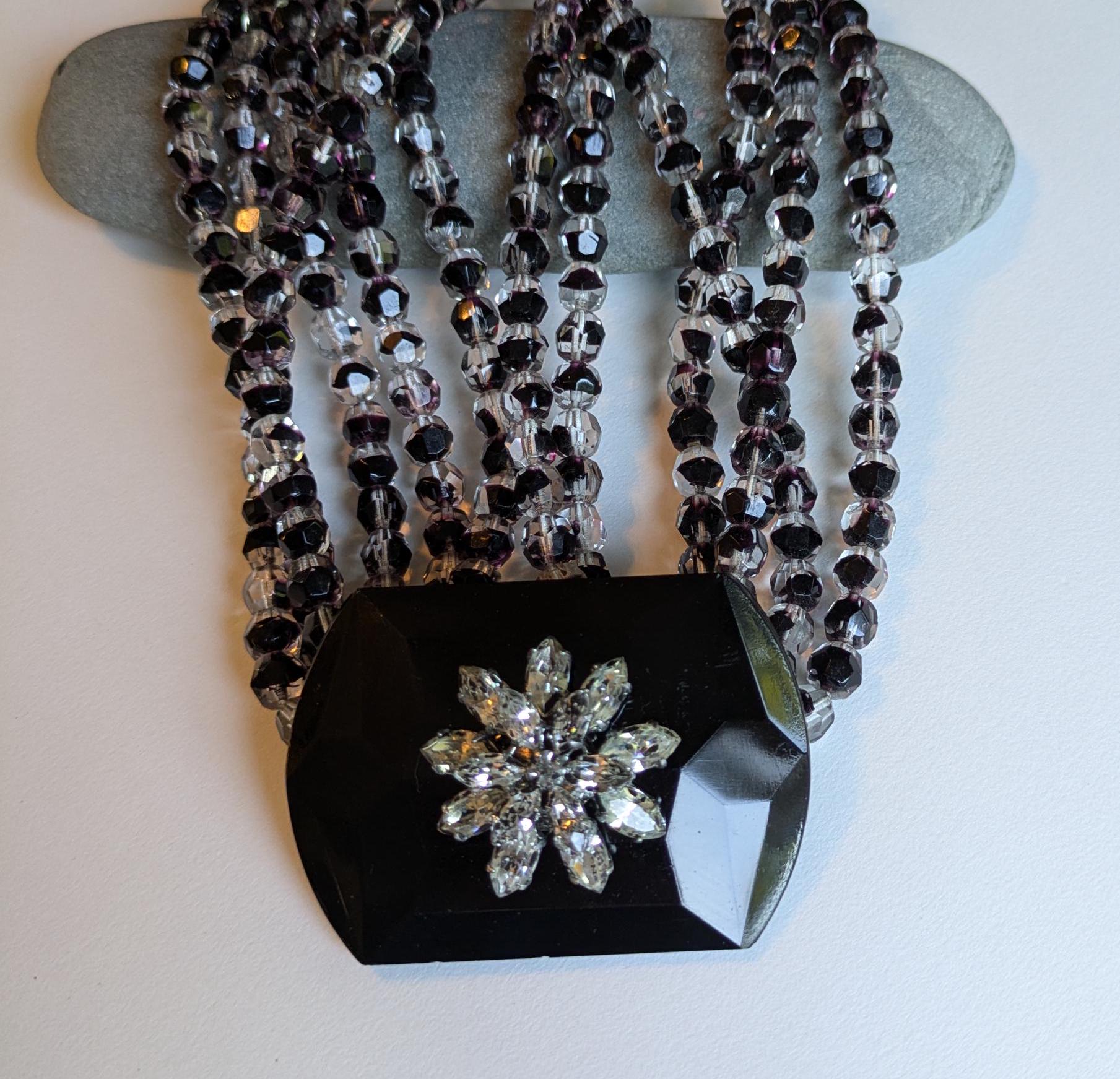 Vintage Art Deco Glass Bead Choker: Black Jet & Crystal Flower