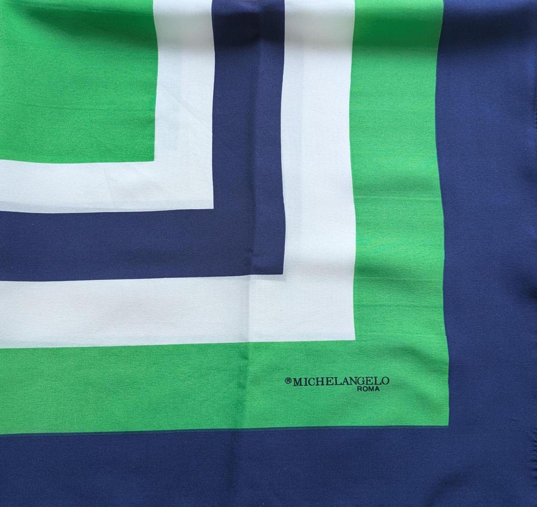 Foulard Carré Michelangelo Vintage Années 80, Tons De Vert, Bleu, Noir, Neuf