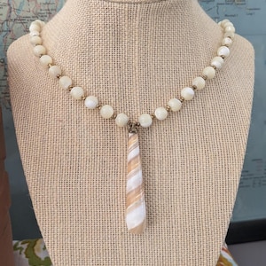 Vintage Flapper Long Signed Miriam Haskell Rare Mother of Pearl Beaded Necklace with Art Glass Swirl Teardrop Pendant Gold White Art Nouveau