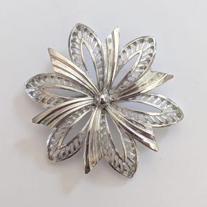 Deco Star Flower: Vintage Signed Monet Silver Tone Large Statement Brooch Pin