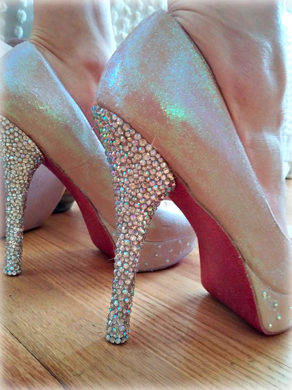 CrystalGlitter Heels Tan Pink Iridescent Party Shoes Etsy