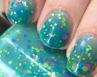 Mathematical! Nail Polish - color changing turquoise to cream with neon glitter / vegan / nontoxic / cruelty free