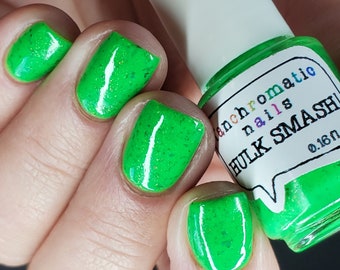 Hulk Smash! Nail Polish - neon green with black & purple flakies