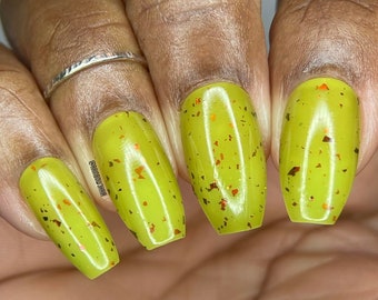 Tree Trunks Nail Polish - chartreuse green with red/copper chameleon flakies