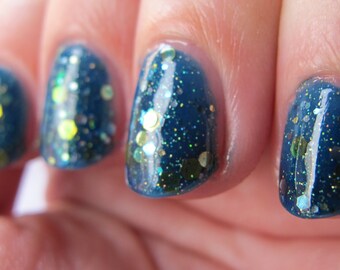 Save the Princess Nail Polish - deep blue jelly with gold and silver glitter / vegan / nontoxic / cruelty free