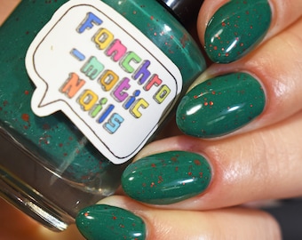 We Dance Until We Fall Nail Polish - teal crelly with scattered red glitter