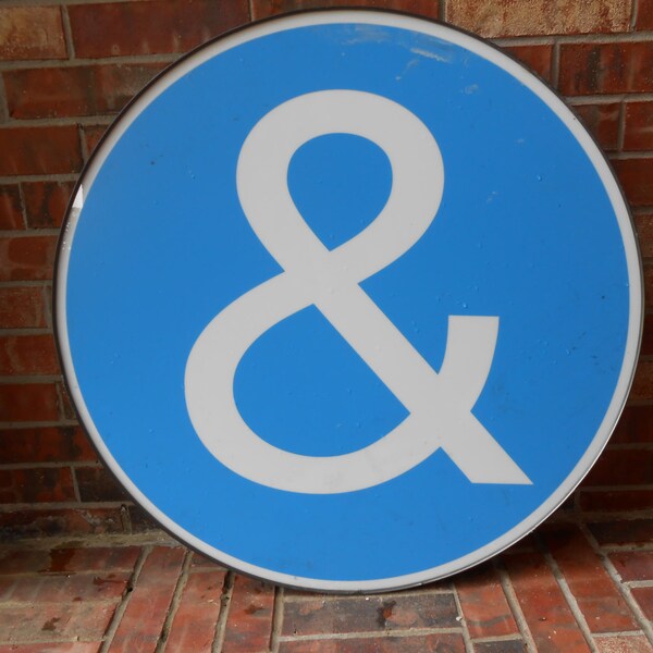 GIANT Reclaimed Plastic Sign Component "&", Ampersand, ROUND, White and Blue, Industrial Salvage, Home Decor, Office Decor, Industrial Decor