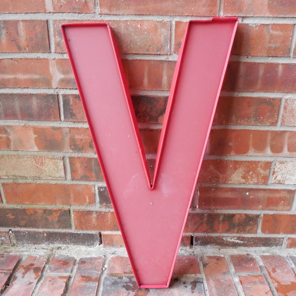 Very Large Reclaimed RED Plastic Sign Letter "V", Red, Great Gift, Faded, Industrial Salvage, Home Decor, Office Decor, Industrial Decor